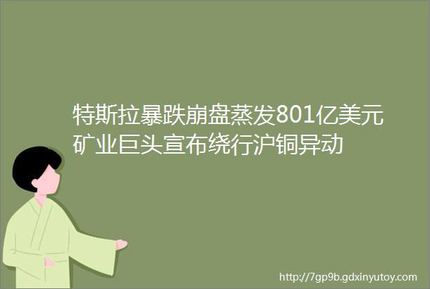 特斯拉暴跌崩盘蒸发801亿美元矿业巨头宣布绕行沪铜异动